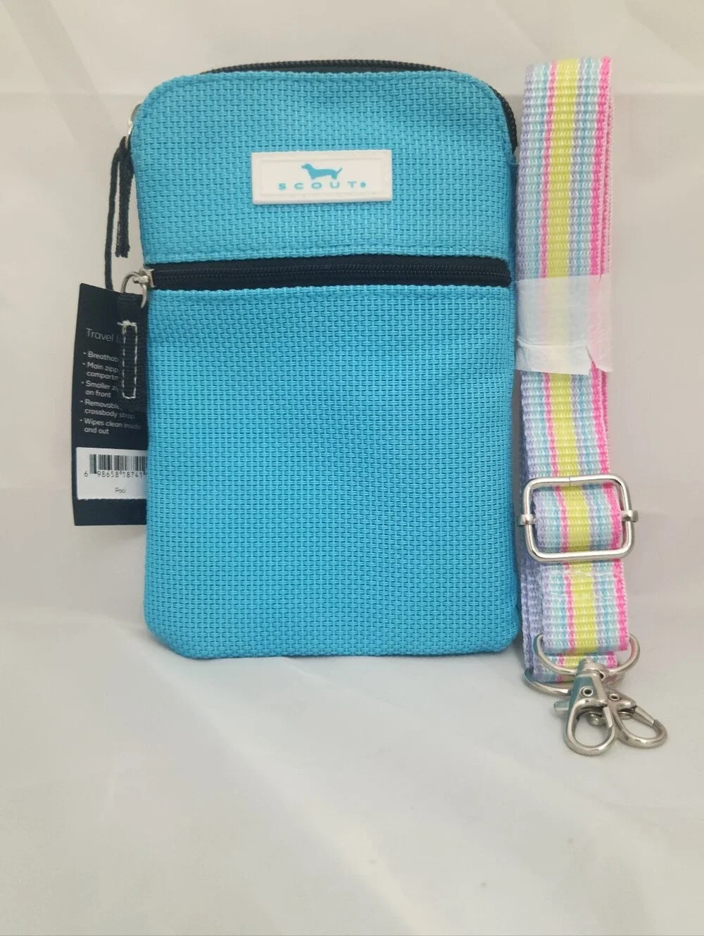 Scout Poly Pocket Small Crossbody Bag in Turquoise with Multicolor Strap - Picture 1 of 6